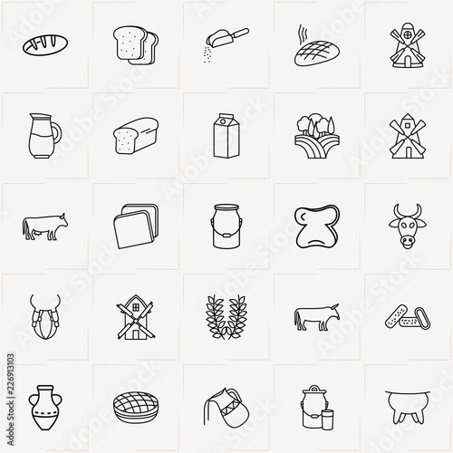 Bread & Milk line icon set with flour, spica and milk