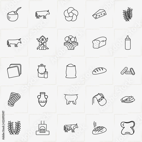 Bread & Milk line icon set with udder, milk can  and jug
