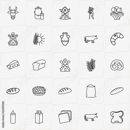 Bread & Milk line icon set with spica, bread and milk can
