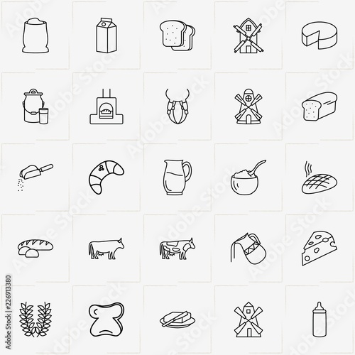 Bread & Milk line icon set with butter, bun and spica