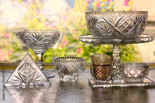 Kitchen Utensil, Collection of Transparent Empty Vintage Crystal Glass Stemware Used to Set A Table for Eating A Meal.