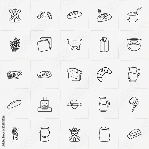 Bread & Milk line icon set with butter, milk and udder