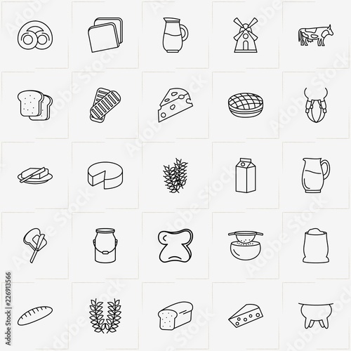 Bread & Milk line icon set with butter, spica and milk can