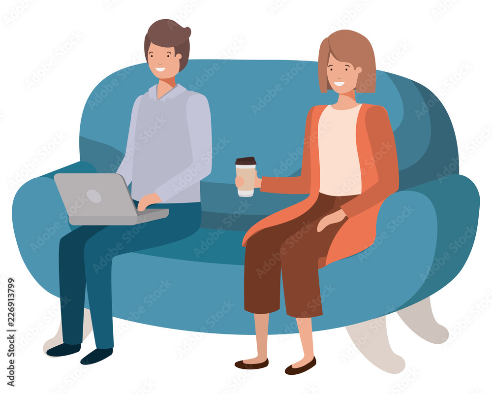 young couple using laptop in the sofa avatar character young couple using laptop in the sofa avatar character