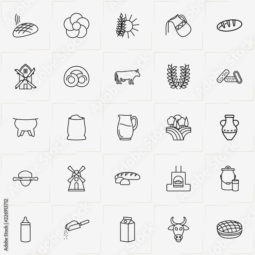 Bread & Milk line icon set with jug, bread roll  and udder