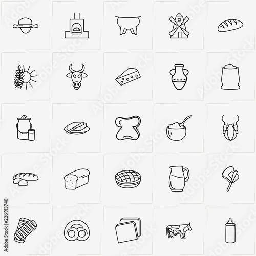 Bread & Milk line icon set with mill, roll out dough  and bread oven