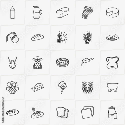 Bread & Milk line icon set with bun, bread slices and milk can