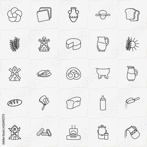 Bread & Milk line icon set with roll out dough , bread and bread roll