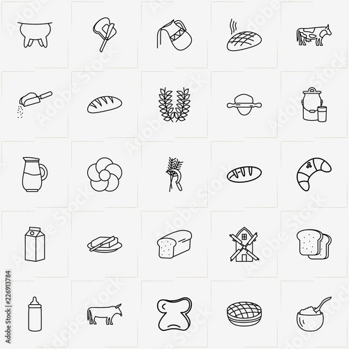 Bread & Milk line icon set with udder, bread slices and butter