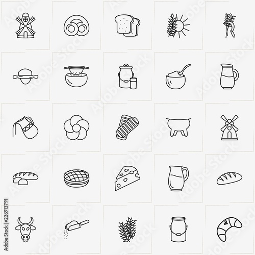 Bread & Milk line icon set with milk can , spica and mill
