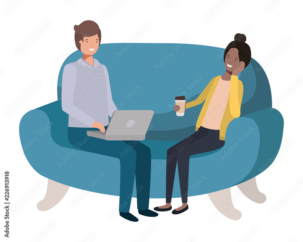 young couple using laptop in the sofa avatar character young couple using laptop in the sofa avatar character