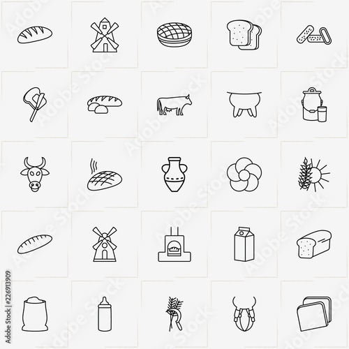 Bread & Milk line icon set with flour bag, jug and butter on bread
