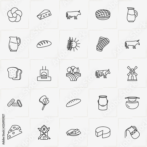 Bread & Milk line icon set with cow, milk can  and fields of hay