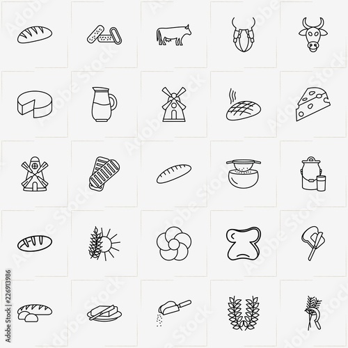 Bread & Milk line icon set with cheese, sift flour and milk can