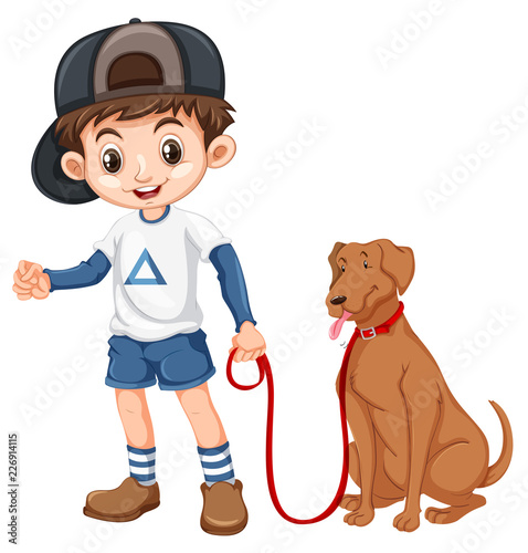 A boy and dog on white background