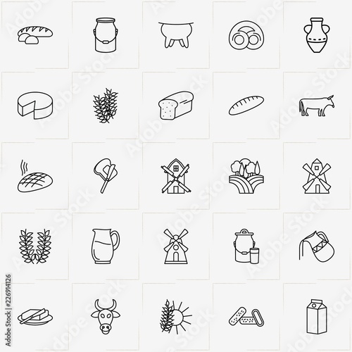 Bread & Milk line icon set with jug, fields of hay  and udder