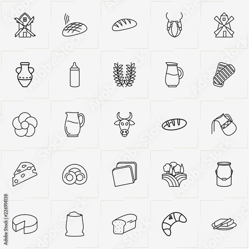 Bread & Milk line icon set with jug, fields of hay  and milk can