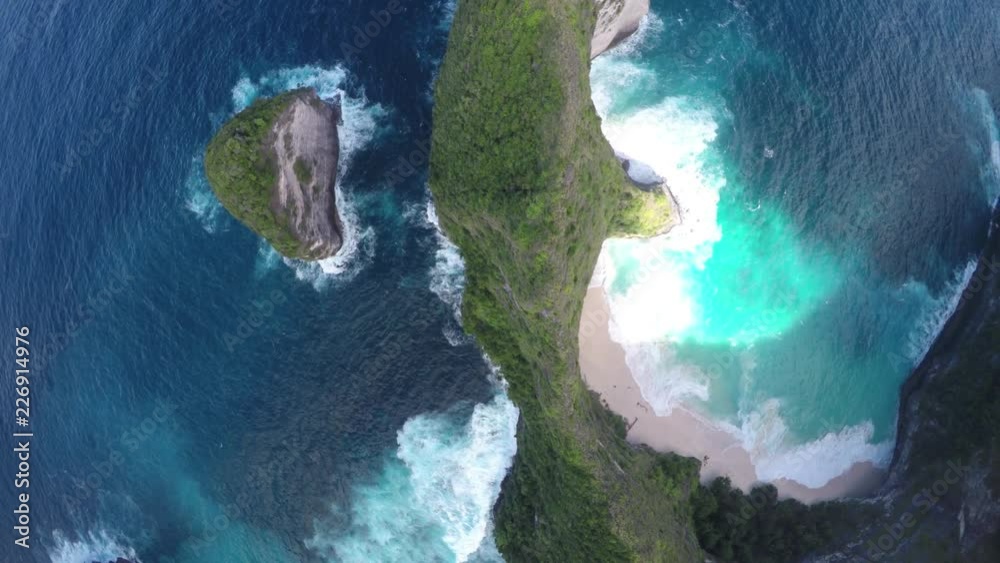 Overhead aerial, lush island landscape
