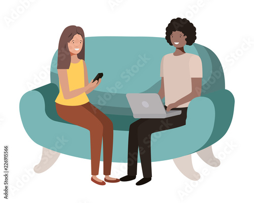 young couple using laptop in the sofa avatar character