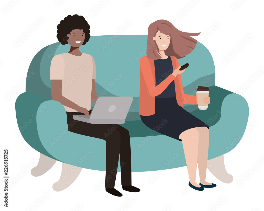 young couple using laptop in the sofa avatar character young couple using laptop in the sofa avatar character
