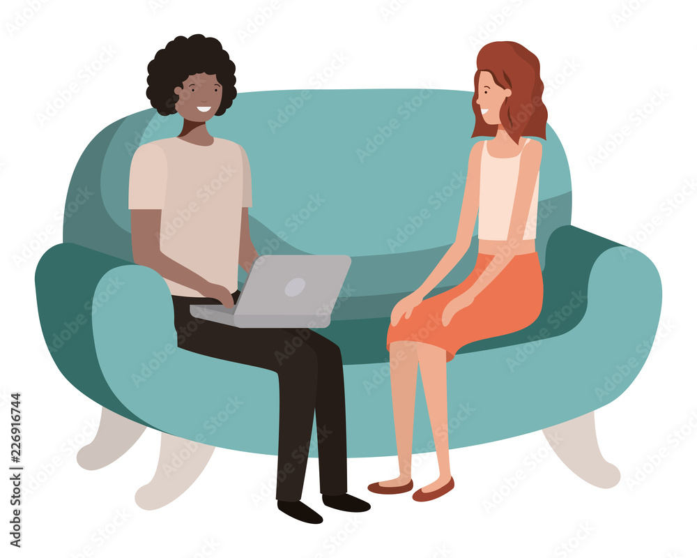 young couple using laptop in the sofa avatar character