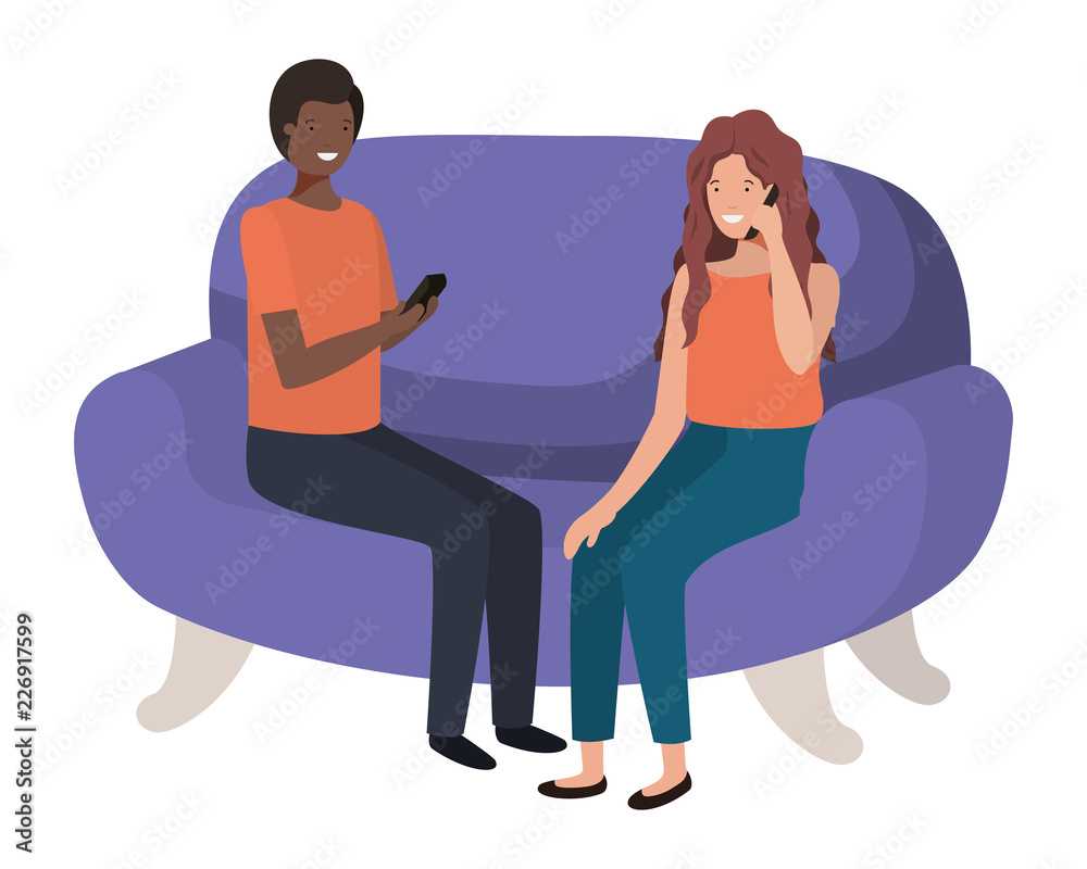 couple using smartphone in the sofa avatar character couple using smartphone in the sofa avatar character