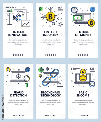 Vector web site linear art onboarding screens template. Cryptocurency and fintech innovation. Future of money. Menu banners for website and mobile app development. Modern design flat illustration.