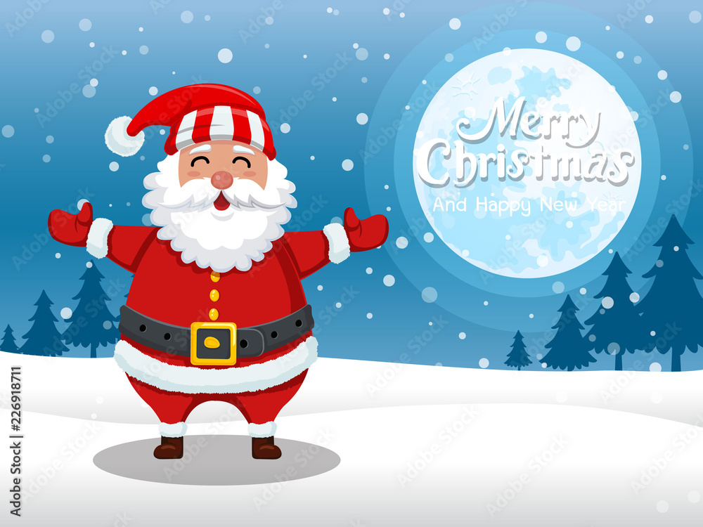 Merry Christmas and happy new year. Cartoon Santa Claus standing in the snow with on the moon background. Vector Illustration. Merry Christmas and happy new year. Cartoon Santa Claus standing in the snow with on the moon background. Vector Illustration.