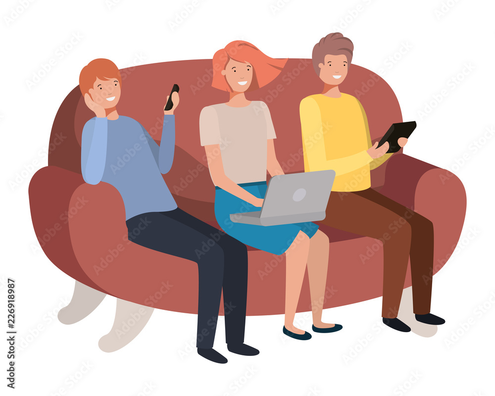group of people seated in sofa avatar character
