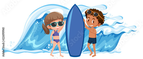 Boy and girl holding the surfboard