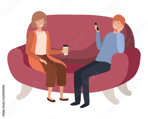 Fototapeta Naklejka Na Ścianę i Meble -  couple using smartphone in the sofa avatar character 