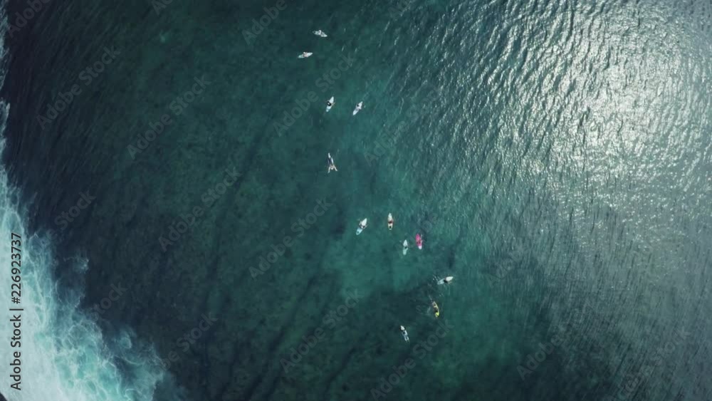 Overhead aerial, surfers in tropical ocean