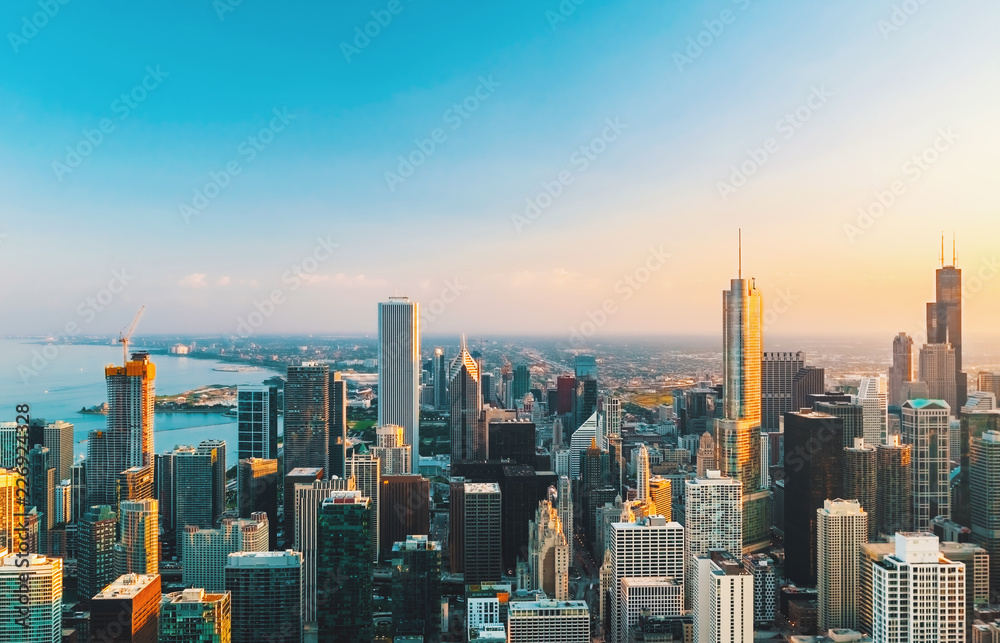 Chicago cityscape skyline toward sunset aerial view Chicago cityscape skyline toward sunset aerial view