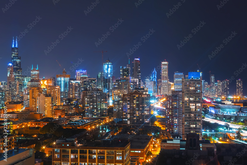 Downtown chicago cityscape skyscrapers skyline at night Downtown chicago cityscape skyscrapers skyline at night