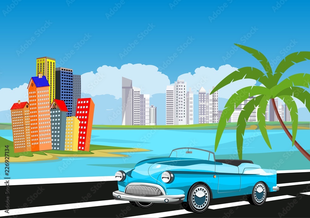 Retro vintage old car on the road, beach palms, travel concept illustration