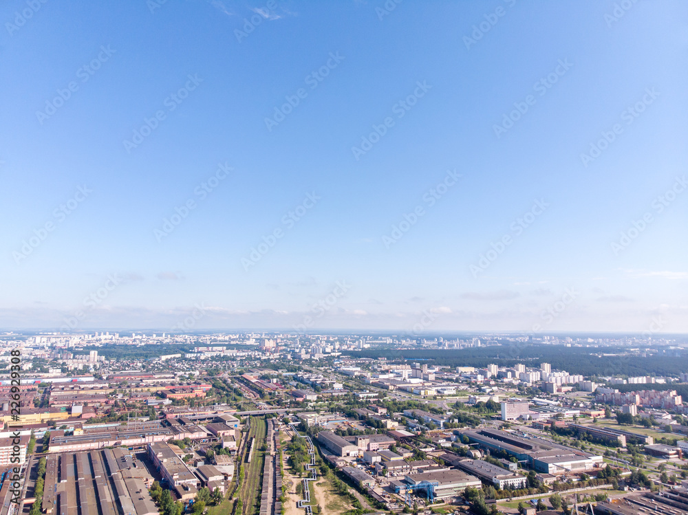 aerial panoramic view of city industrial area with multiple buildings
