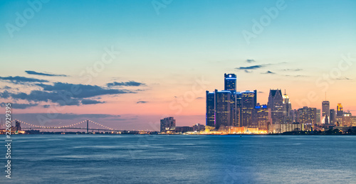 Skyline of Detroit Michigan at sunset 