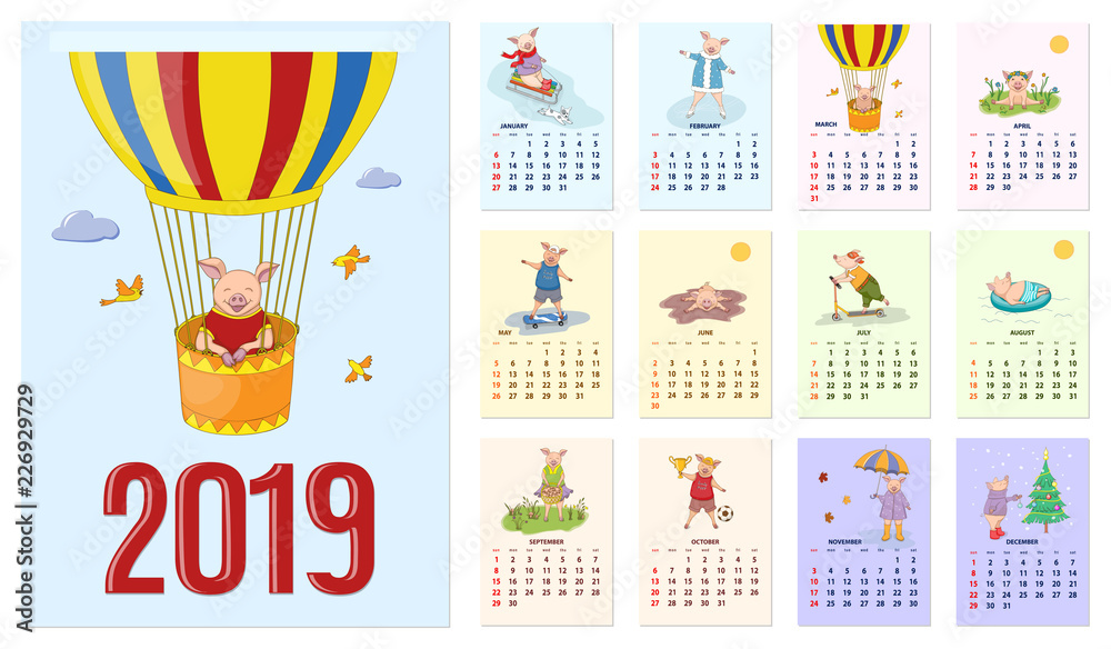 Calendar 2019 pig year with set of illustrated pages 12-month