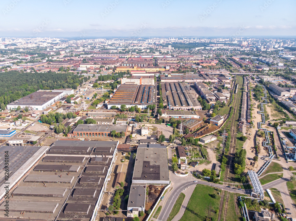 aerial panoramic view of urban industrial and commercial area. drone photography