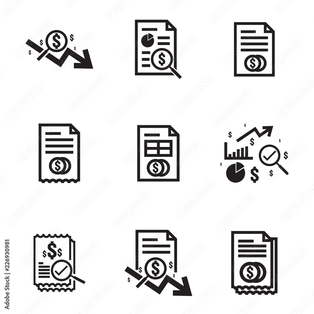 Business analysis icon. symbol with magnifying glass. dollar increase revenue. Money with arrow. finance cost. decrease rate economy stretching. lost crisis. reduction bankrupt. vector illustration Business analysis icon. symbol with magnifying glass. dollar increase revenue. Money with arrow. finance cost. decrease rate economy stretching. lost crisis. reduction bankrupt. vector illustration