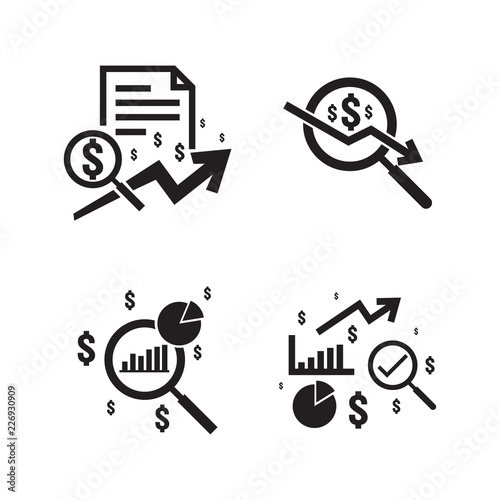 Business analysis icon. symbol with magnifying glass. dollar increase revenue. Money with arrow. finance cost. decrease rate economy stretching. lost crisis. reduction bankrupt. vector illustration