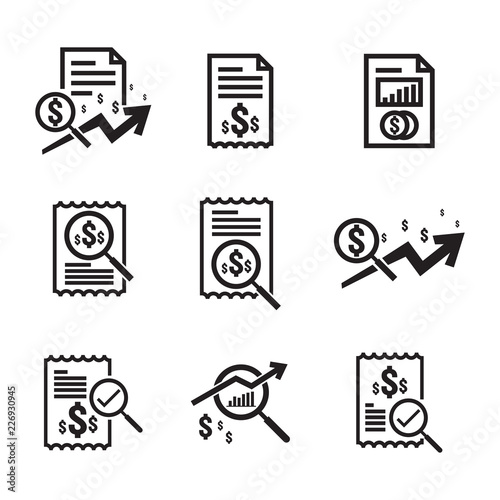 Business analysis icon. symbol with magnifying glass. dollar increase revenue. Money with arrow. finance cost. decrease rate economy stretching. lost crisis. reduction bankrupt. vector illustration