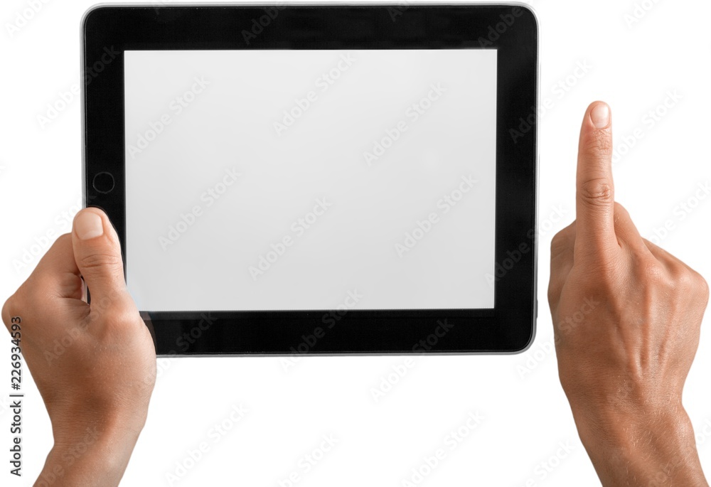 Hands Holding Digital Tablet with White Screen Hands Holding Digital Tablet with White Screen