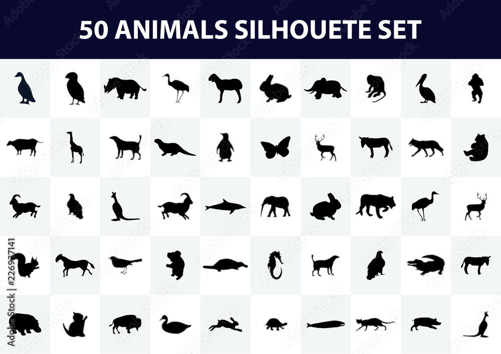Set of Animals Silhouettes. Wild and domestic animals and birds. Big black collection. Vector cute illustration.  