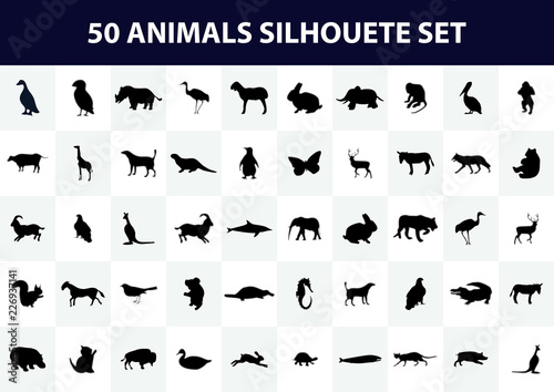 Set of Animals Silhouettes. Wild and domestic animals and birds. Big black collection. Vector cute illustration.  
