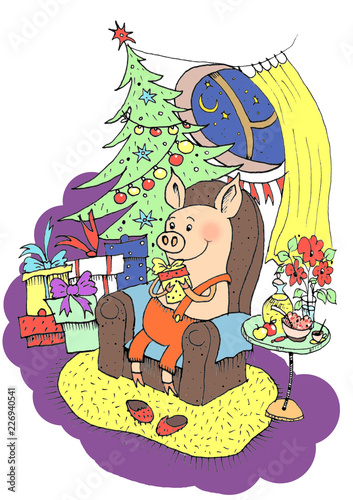 Lucky Pig.  019 Chinese New Year of the Pig. Christmas greeting card. Handmade illustration  piggy unpacks gifts under the Christmas tree. Christmas card  poster  calendar  hand drawn style 