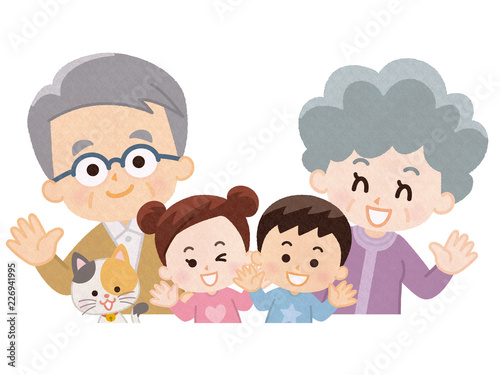 祖父母と孫とペットの猫 春服