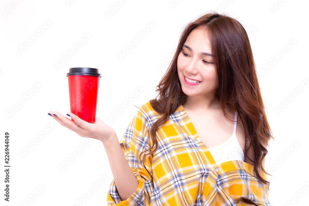 Attractive beautiful woman hold paper cup of coffee. Charming beautiful young asian woman look at it with isolated on white background. Gorgeous girl like, love admire it for commercial, advertising Attractive beautiful woman hold paper cup of coffee. Charming beautiful young asian woman look at it with isolated on white background. Gorgeous girl like, love admire it for commercial, advertising