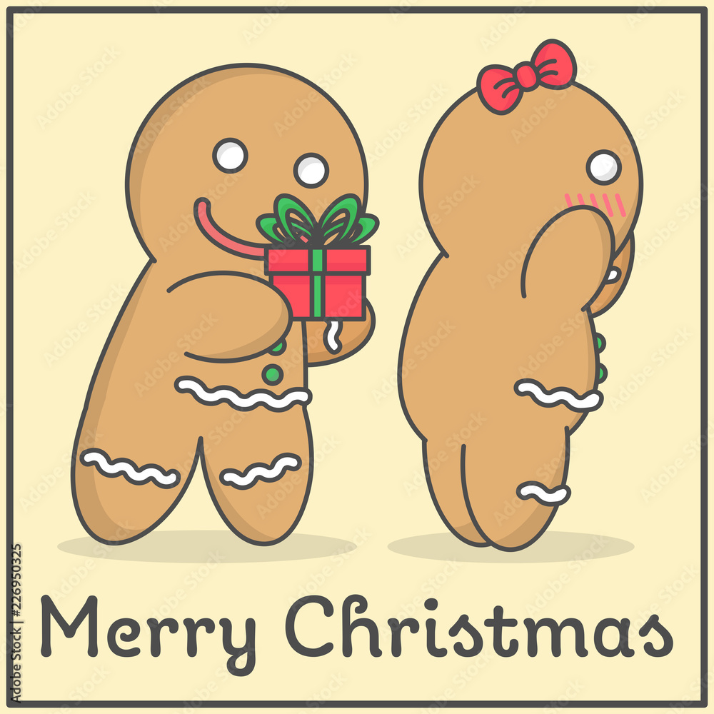 Cute couple gingerbread giving Merry Christmas gift in flat cartoon design  for book decoration and design elements. Merry Christmas cartoon vector  illustration. Stock Vector | Adobe Stock