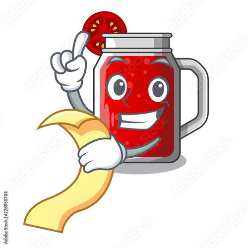 With menu tasty tomato juice on cartoon table